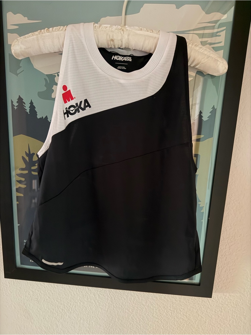 Hoka Black and White Performance Singlet with Red IRonman Logo sz small like NEW